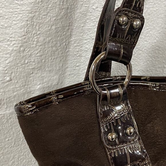 Sag Harbor Brown Lacquer Faux Crocodile Skin Handbag Purse Tote Silver Hardwear - Picture 3 of 15
